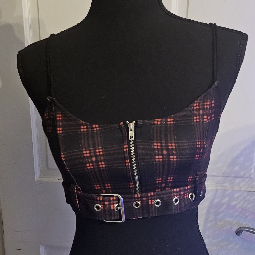 Lychee The Label Red Raspberry Plaid Waist Strap Crop Top - Picture 2 of 5
